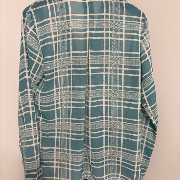 CAbi Windowpane Faux Wrap Blouse Teal Blue Cream Plaid Chiffon Boho Office #3068 - Picture 4 of 8